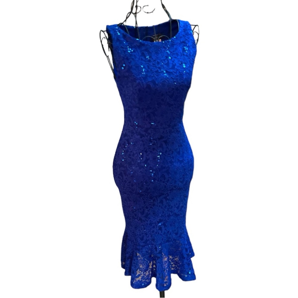 💙 Vtg La Scala Blue Embellished Lace Dress XS